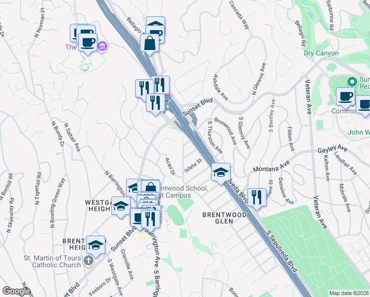 map of restaurants, bars, coffee shops, grocery stores, and more near 11332 Kiel Street in Los Angeles