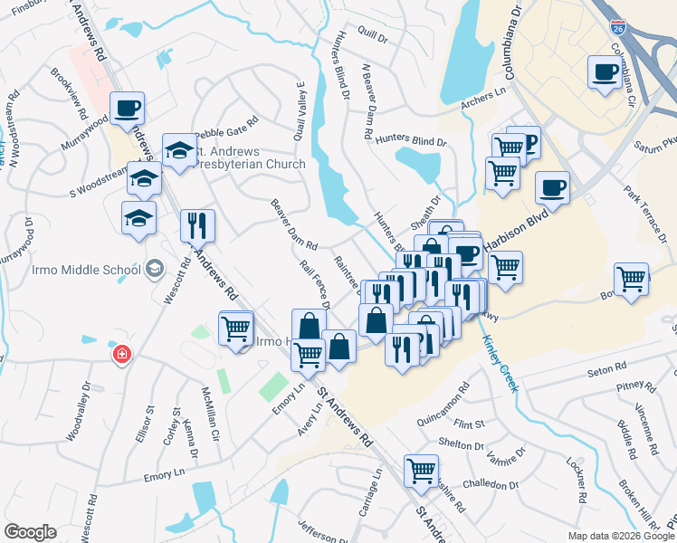 map of restaurants, bars, coffee shops, grocery stores, and more near 1354 Raintree Drive in Columbia