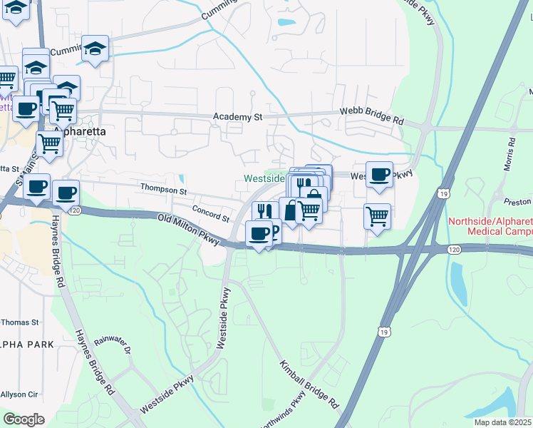 map of restaurants, bars, coffee shops, grocery stores, and more near 316 South Esplanade in Alpharetta
