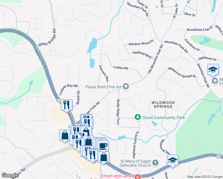 map of restaurants, bars, coffee shops, grocery stores, and more near 4976 Gunners Pass in Roswell