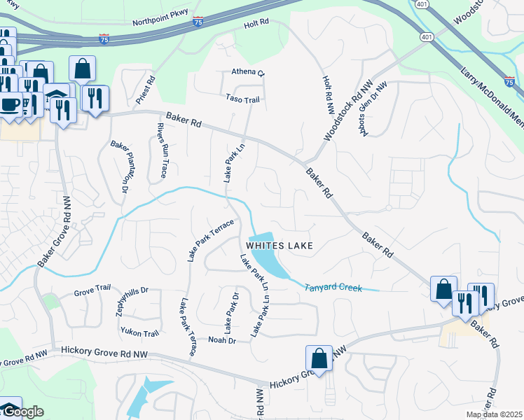 map of restaurants, bars, coffee shops, grocery stores, and more near 2889 Estuary Drive in Acworth