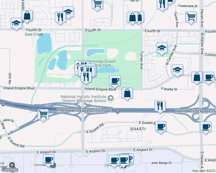 map of restaurants, bars, coffee shops, grocery stores, and more near 2894 East Via Fiano in Ontario