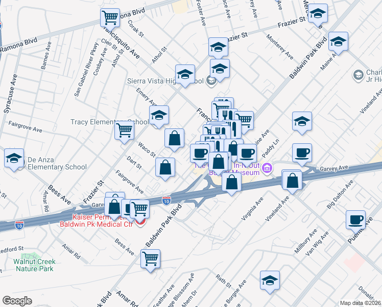 map of restaurants, bars, coffee shops, grocery stores, and more near 13502 Tracy Street in Baldwin Park