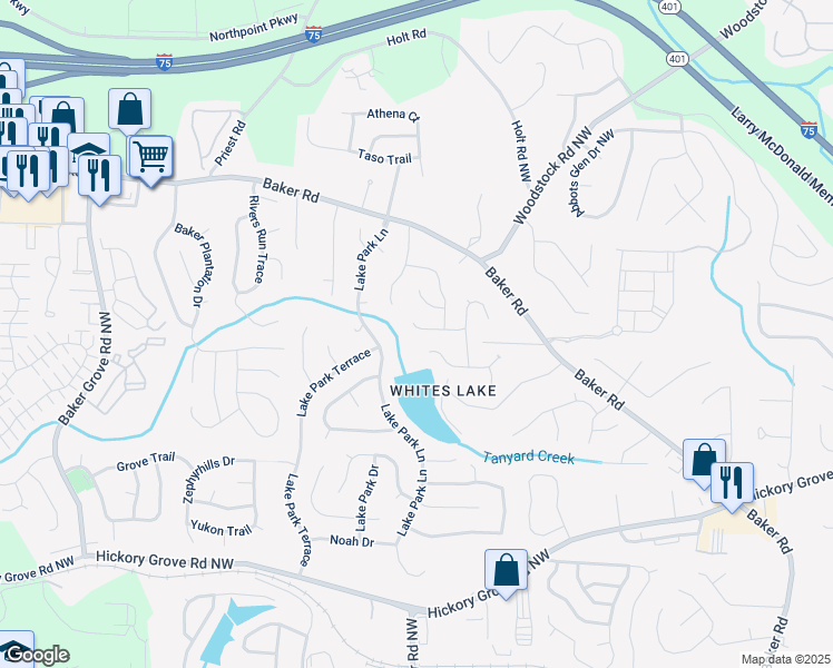 map of restaurants, bars, coffee shops, grocery stores, and more near 2889 Estuary Drive in Acworth