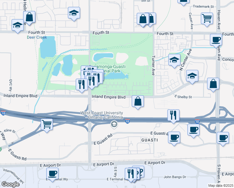 map of restaurants, bars, coffee shops, grocery stores, and more near 2894 East Via Fiano in Ontario