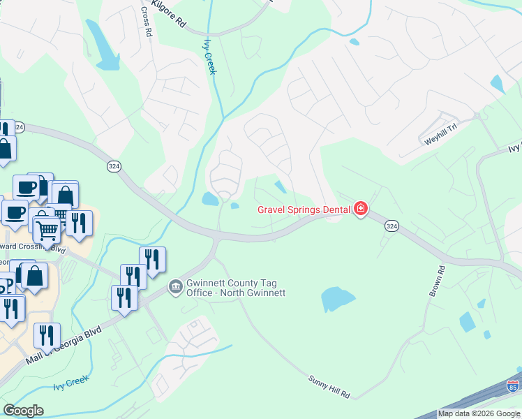 map of restaurants, bars, coffee shops, grocery stores, and more near 3007 Gravel Springs Road in Buford