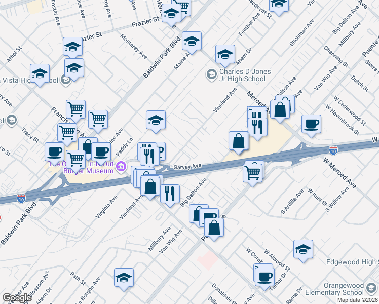 map of restaurants, bars, coffee shops, grocery stores, and more near 3108 Vineland Avenue in Baldwin Park