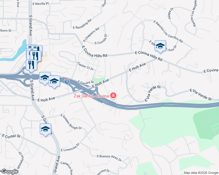 map of restaurants, bars, coffee shops, grocery stores, and more near 1074 Park View Drive in Covina