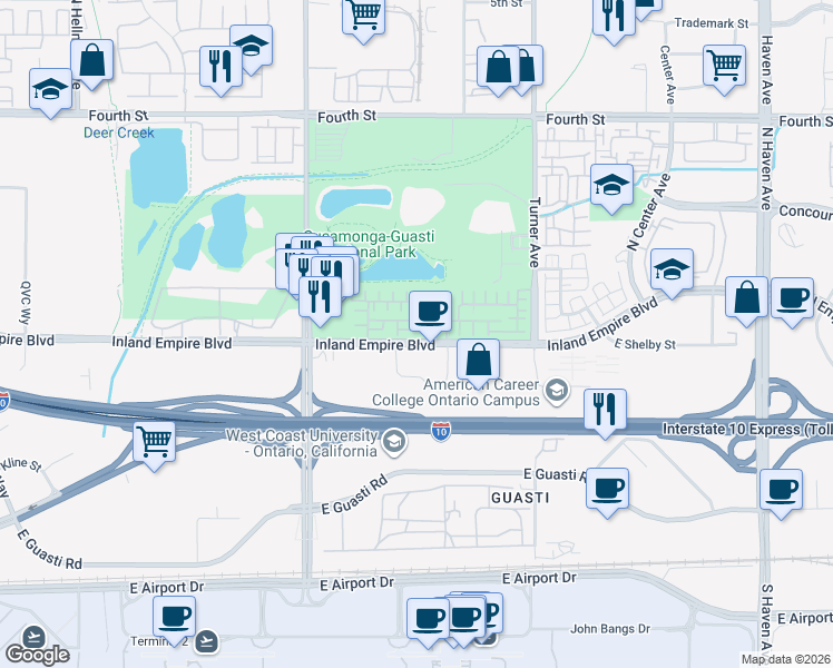 map of restaurants, bars, coffee shops, grocery stores, and more near 2904 East Via Fiano in Ontario