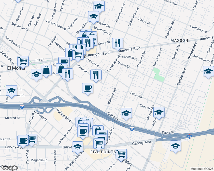 map of restaurants, bars, coffee shops, grocery stores, and more near 3528 La Madera Avenue in El Monte