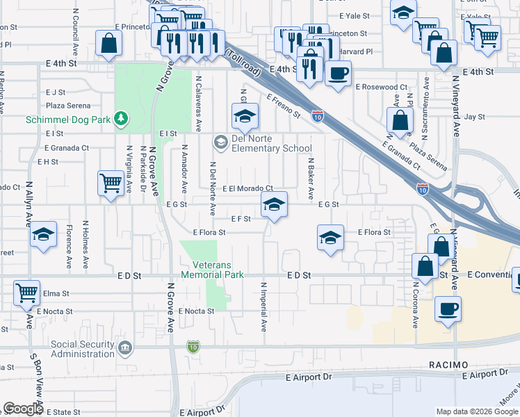 map of restaurants, bars, coffee shops, grocery stores, and more near 642 North Humboldt Court in Ontario
