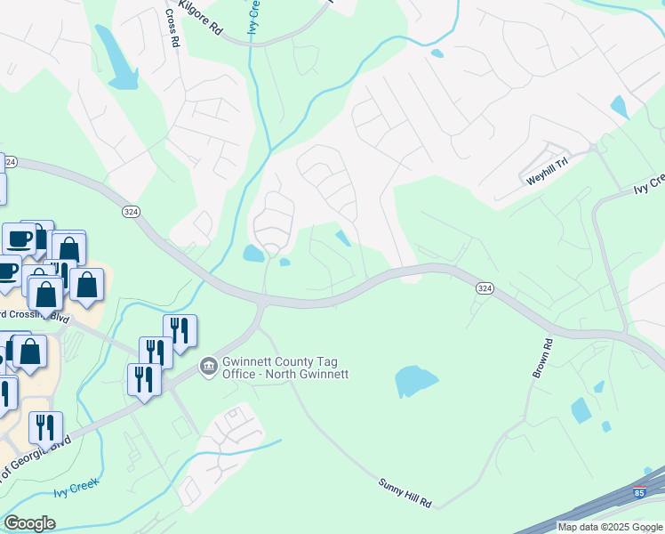 map of restaurants, bars, coffee shops, grocery stores, and more near 3051 Greyton Drive in Buford