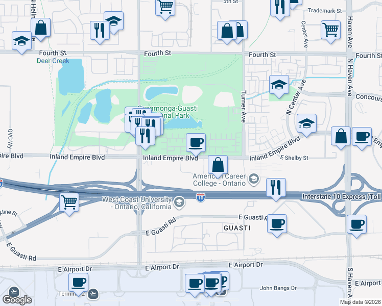 map of restaurants, bars, coffee shops, grocery stores, and more near 2886 East Via Fiano in Ontario