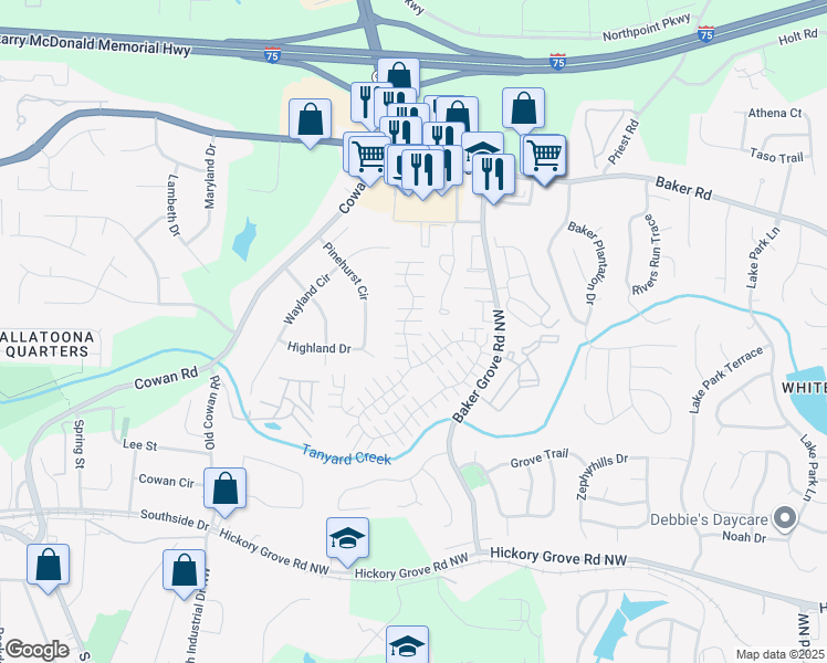 map of restaurants, bars, coffee shops, grocery stores, and more near 201 Windcroft Lane Northwest in Acworth