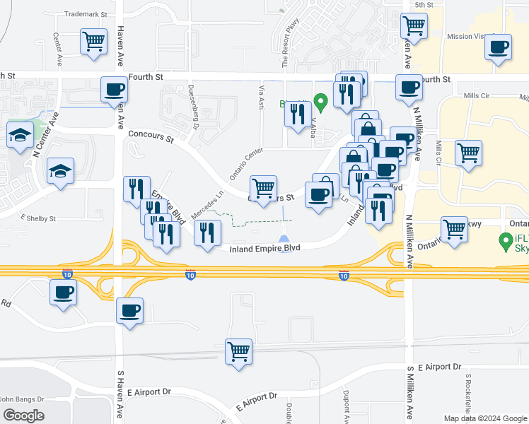 map of restaurants, bars, coffee shops, grocery stores, and more near 4200 Concours Street in Ontario