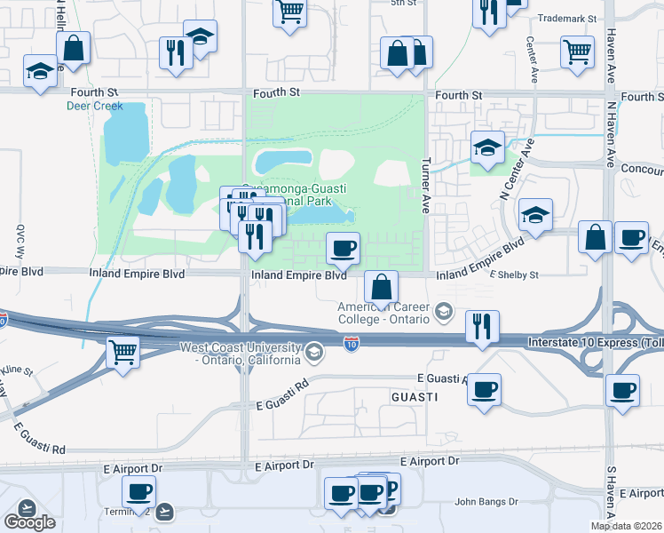 map of restaurants, bars, coffee shops, grocery stores, and more near 2886 East Via Fiano in Ontario