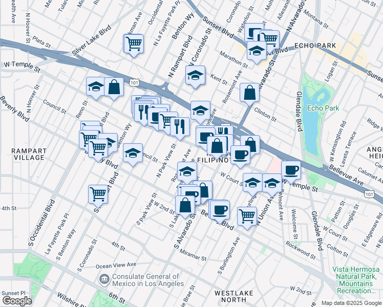 map of restaurants, bars, coffee shops, grocery stores, and more near 2240E West Temple Street in Los Angeles