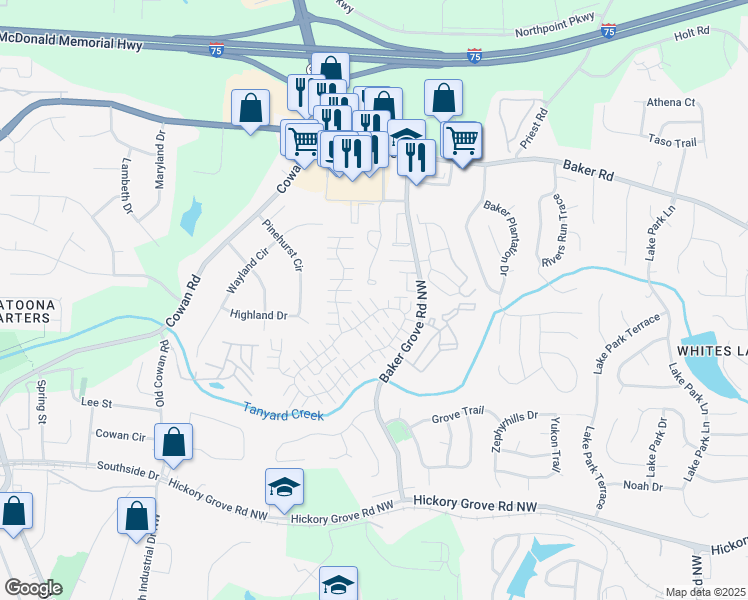 map of restaurants, bars, coffee shops, grocery stores, and more near 4906 Parke Brook Drive in Acworth
