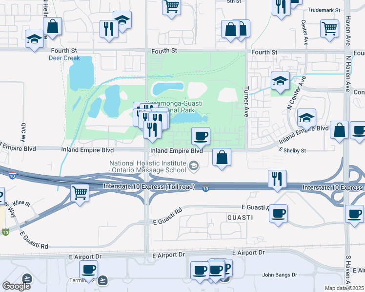 map of restaurants, bars, coffee shops, grocery stores, and more near 2840 East Via Fiano in Ontario