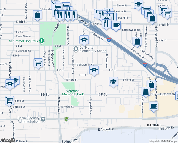 map of restaurants, bars, coffee shops, grocery stores, and more near 642 North Humboldt Court in Ontario