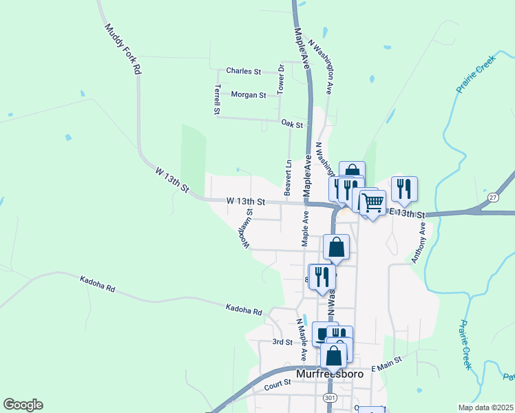 map of restaurants, bars, coffee shops, grocery stores, and more near 433 West 13th Street in Murfreesboro