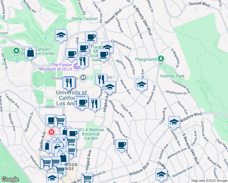 map of restaurants, bars, coffee shops, grocery stores, and more near Strathmore Drive in Los Angeles