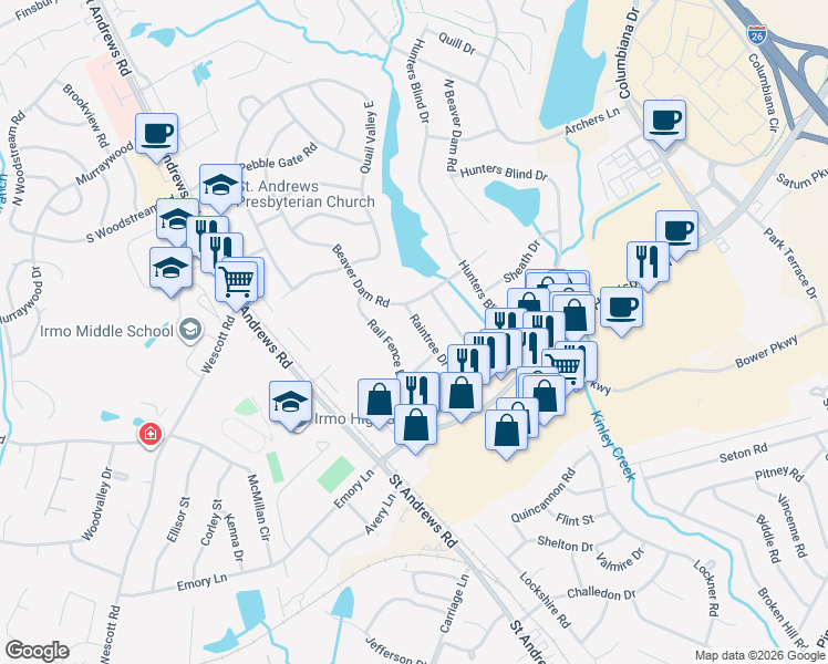 map of restaurants, bars, coffee shops, grocery stores, and more near 1354 Raintree Drive in Columbia