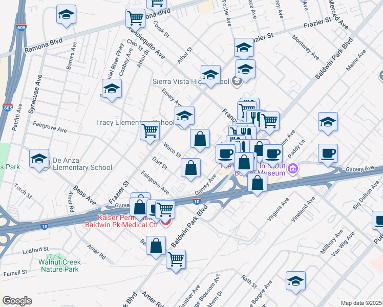 map of restaurants, bars, coffee shops, grocery stores, and more near 13303 Waco Street in Baldwin Park