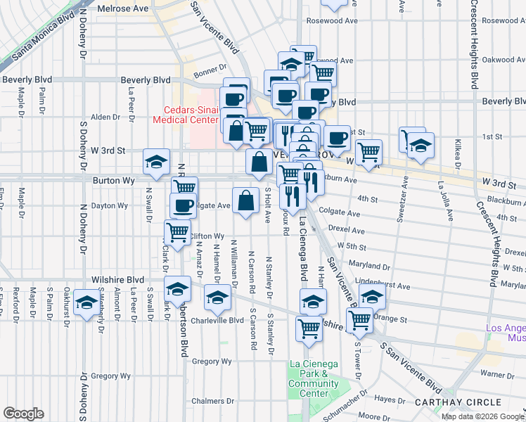 map of restaurants, bars, coffee shops, grocery stores, and more near 459 South Holt Avenue in Los Angeles
