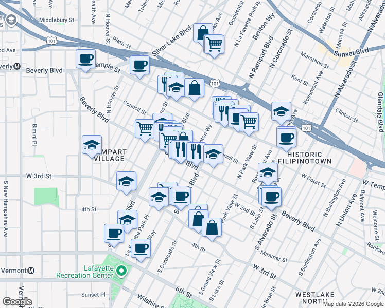 map of restaurants, bars, coffee shops, grocery stores, and more near 119 Benton Way in Los Angeles