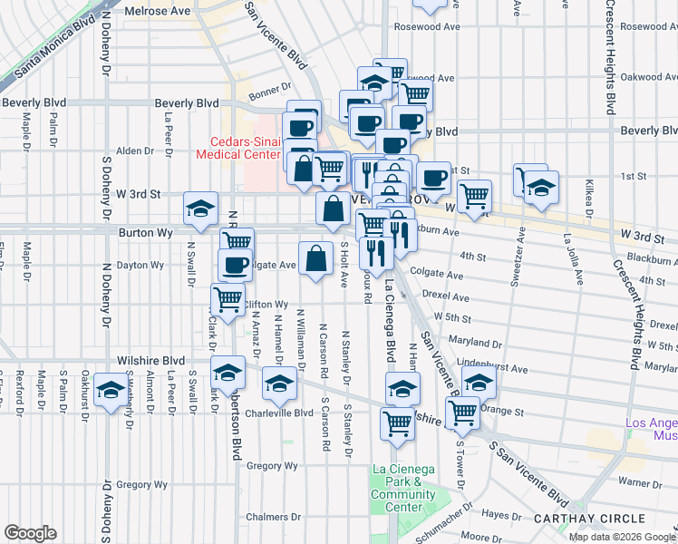 map of restaurants, bars, coffee shops, grocery stores, and more near 427 South Holt Avenue in Los Angeles