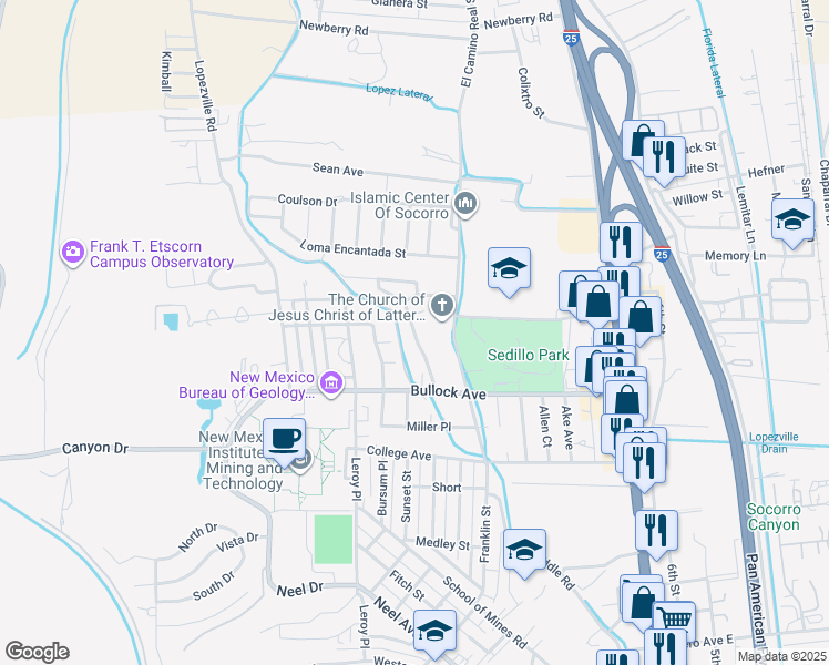 map of restaurants, bars, coffee shops, grocery stores, and more near Mineral Way in Socorro