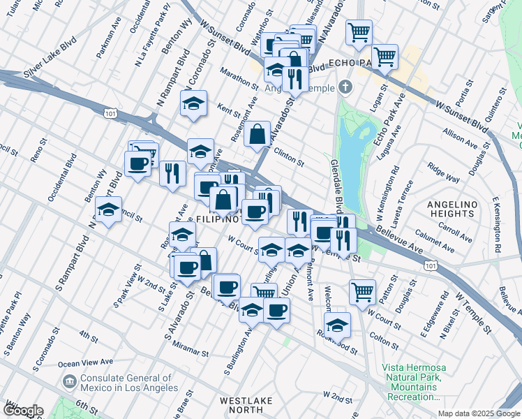 map of restaurants, bars, coffee shops, grocery stores, and more near 425 North Westlake Avenue in Los Angeles