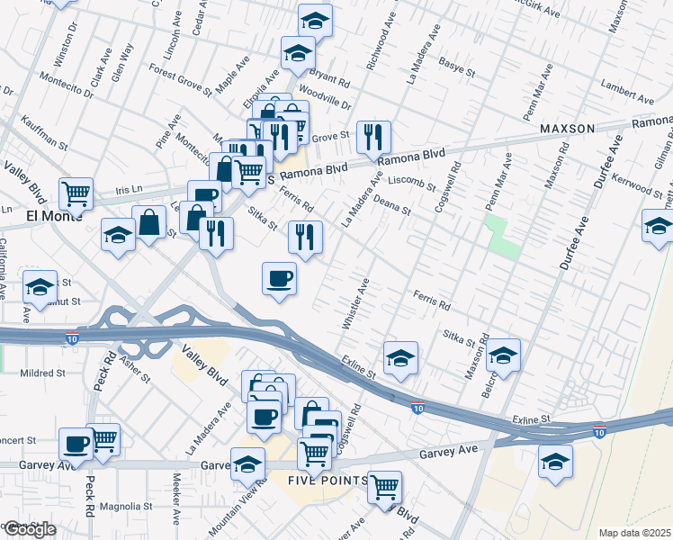 map of restaurants, bars, coffee shops, grocery stores, and more near 3528 La Madera Avenue in El Monte