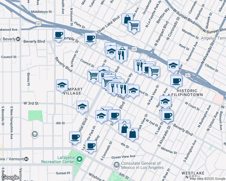 map of restaurants, bars, coffee shops, grocery stores, and more near 2731 Beverly Boulevard in Los Angeles