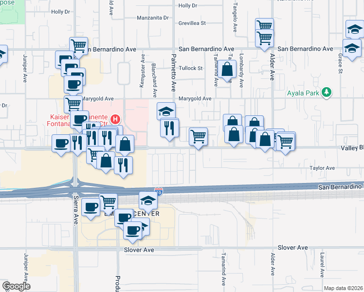 map of restaurants, bars, coffee shops, grocery stores, and more near in Fontana