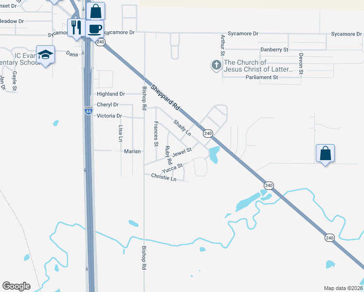 map of restaurants, bars, coffee shops, grocery stores, and more near 1210 Clover Drive in Burkburnett