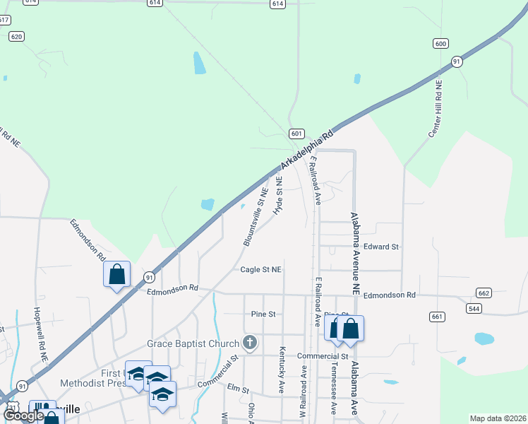 map of restaurants, bars, coffee shops, grocery stores, and more near 110 Hyde Street Northeast in Hanceville