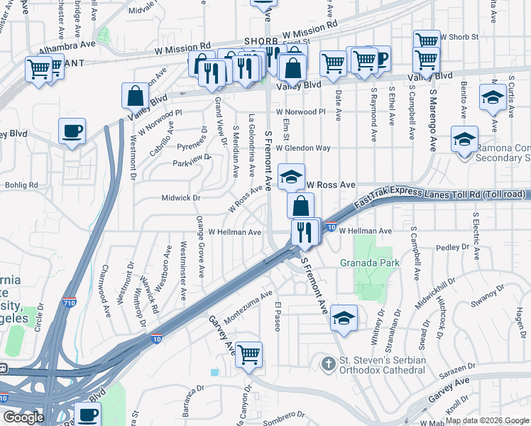 map of restaurants, bars, coffee shops, grocery stores, and more near in Alhambra