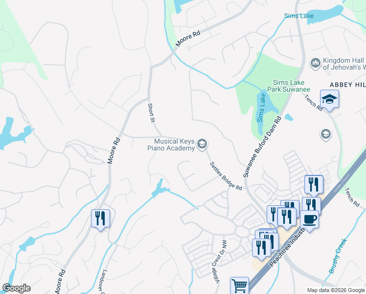 map of restaurants, bars, coffee shops, grocery stores, and more near 4581 Settles Bridge Road in Suwanee