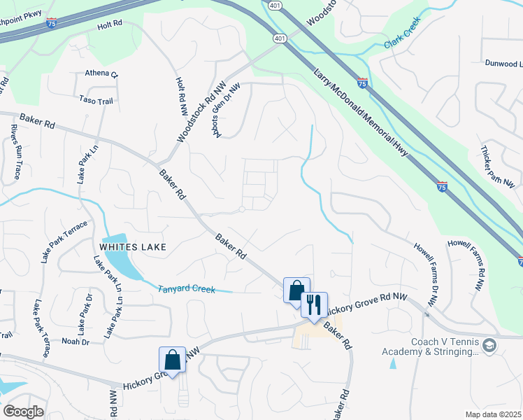 map of restaurants, bars, coffee shops, grocery stores, and more near 2402 Bayberry Street in Acworth