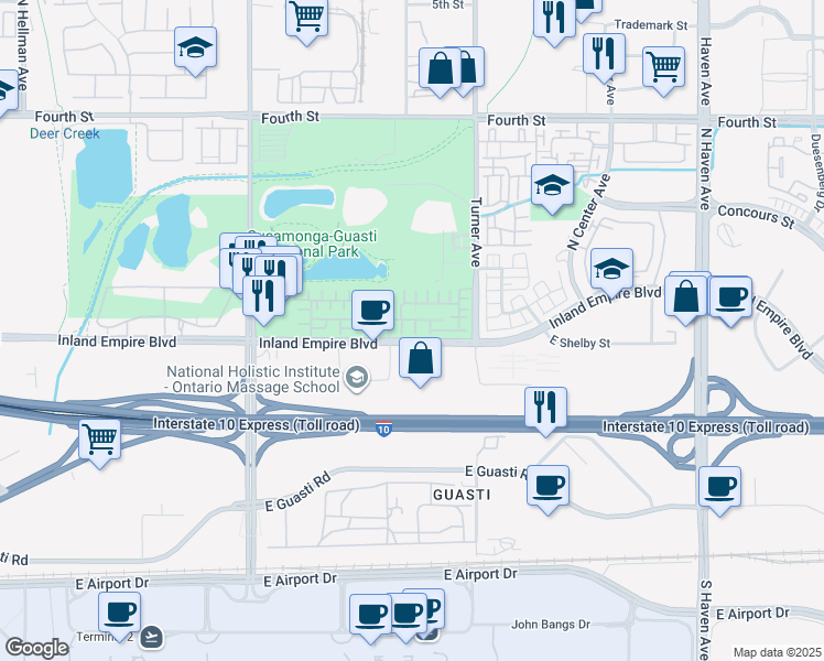 map of restaurants, bars, coffee shops, grocery stores, and more near 3004 East Via Fiano in Ontario