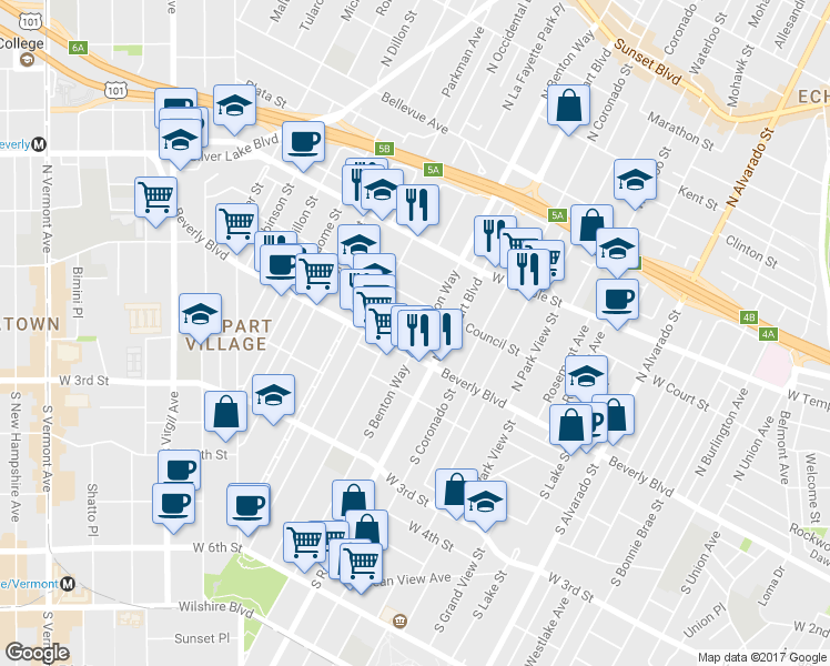 map of restaurants, bars, coffee shops, grocery stores, and more near 123 Benton Way in Los Angeles