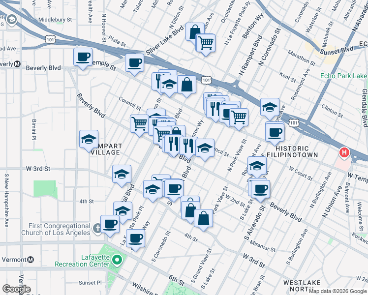 map of restaurants, bars, coffee shops, grocery stores, and more near 123 Benton Way in Los Angeles