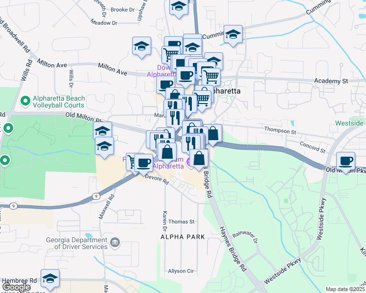 map of restaurants, bars, coffee shops, grocery stores, and more near 2145 Old Milton Parkway in Alpharetta