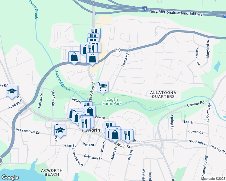 map of restaurants, bars, coffee shops, grocery stores, and more near 4269 Terrace Drive in Acworth