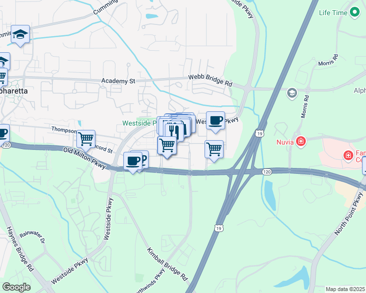 map of restaurants, bars, coffee shops, grocery stores, and more near 4306 Avalon Boulevard in Alpharetta