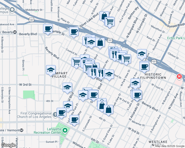 map of restaurants, bars, coffee shops, grocery stores, and more near in Los Angeles