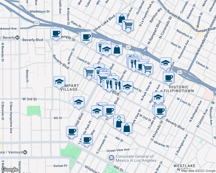map of restaurants, bars, coffee shops, grocery stores, and more near 2731 Beverly Boulevard in Los Angeles