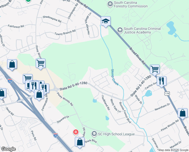 map of restaurants, bars, coffee shops, grocery stores, and more near 1007 Glencroft Drive in Columbia